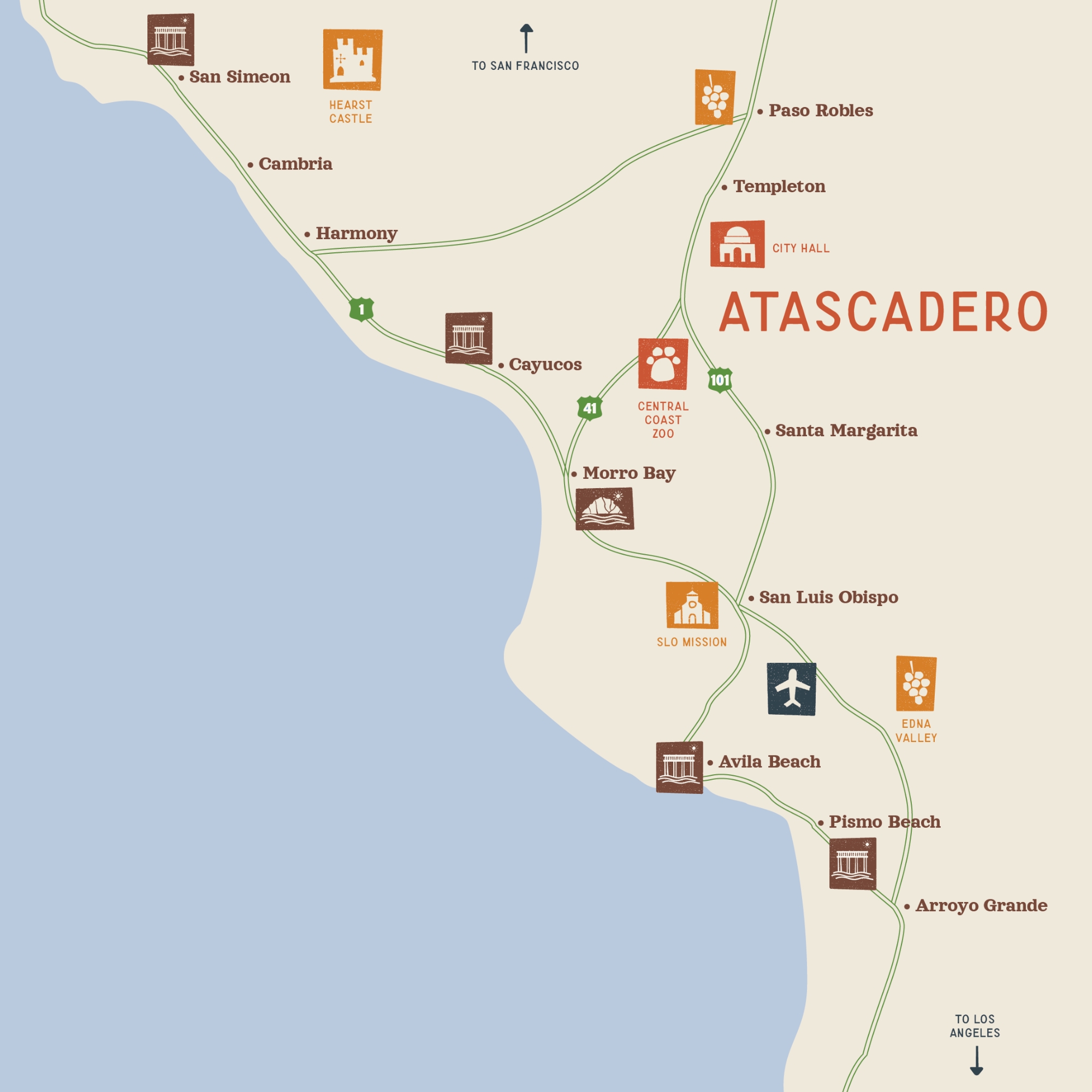 Atascadero Map in green, blue, orange, and beige featuring key locations and towns from Arroyo Grande to San Simeon.