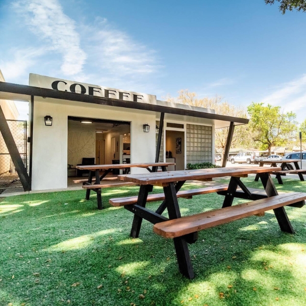 Outdoor seating at AMSTRDM Coffee House in Atascadero, CA