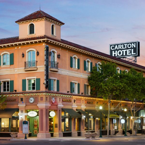 Exterior of the Carlton Hotel at the corner of El Camino Real in downtown Atascadero.