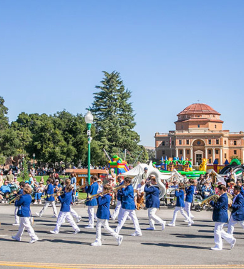 marching band in front of city hall