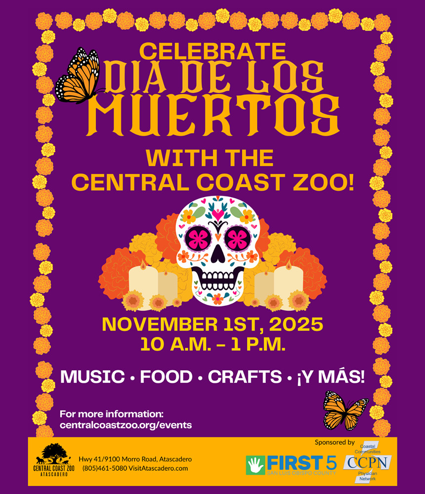 Colorful flyer for the Día de los Muertos event on November 1, 2025, at the Central Coast Zoo, featuring a sugar skull, flowers, and butterflies.