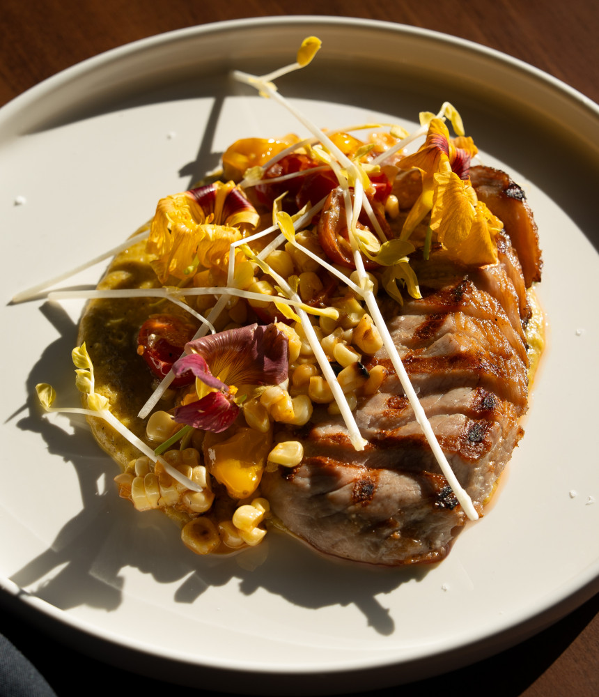 Pork chop with corn and succotash from Mabel Lounge in Atascadero, CA.