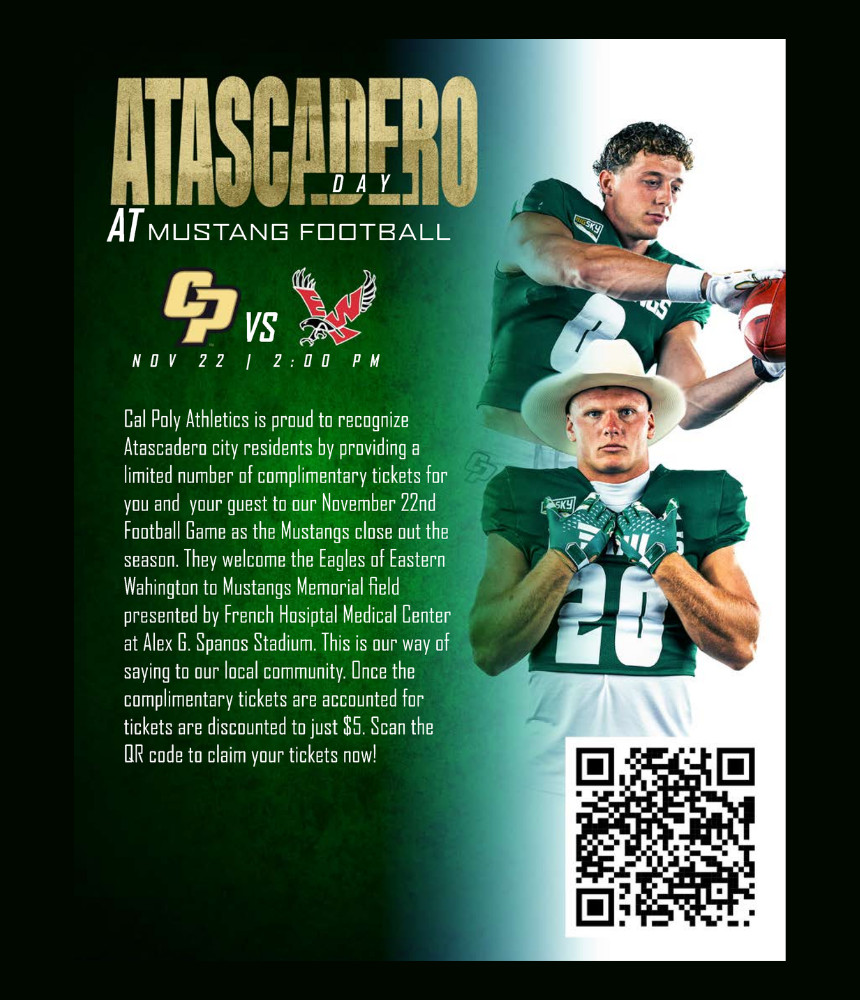 Flyer for Atascadero Cal Poly Day on 11/22/25, featuring football players, Cal Poly colors and a QR code.